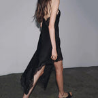 Black Satin Lace-Trim Slip Dress