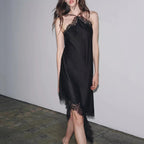 Black Satin Lace-Trim Slip Dress