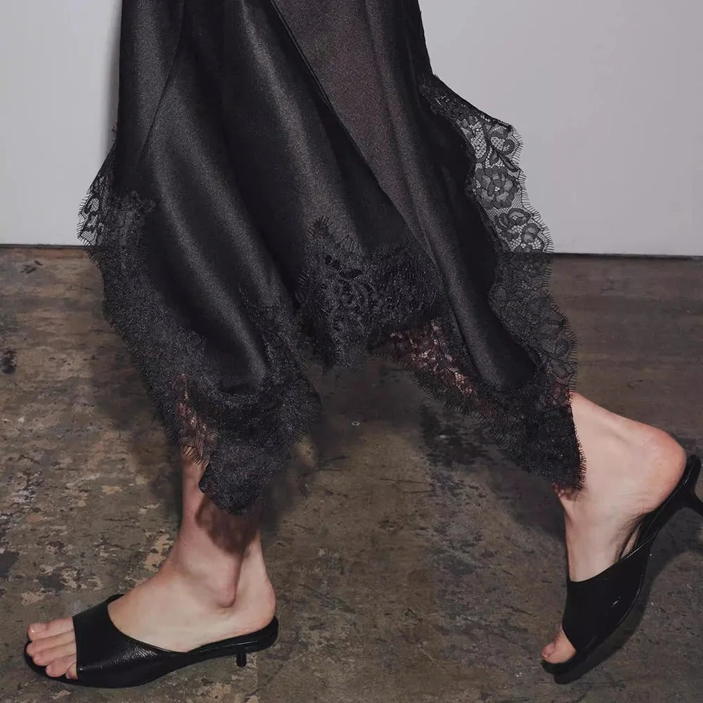 Black Satin Lace-Trim Slip Dress
