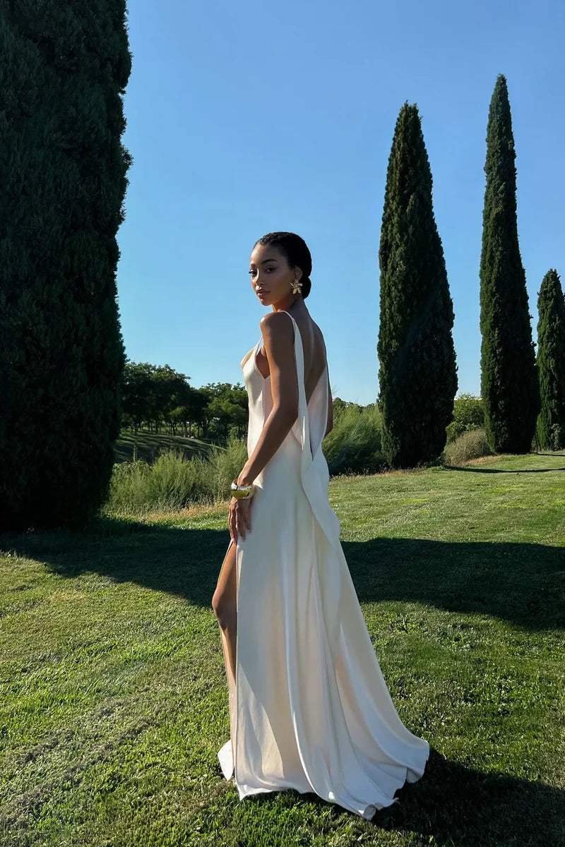 Cascade Open-Back Evening Gown