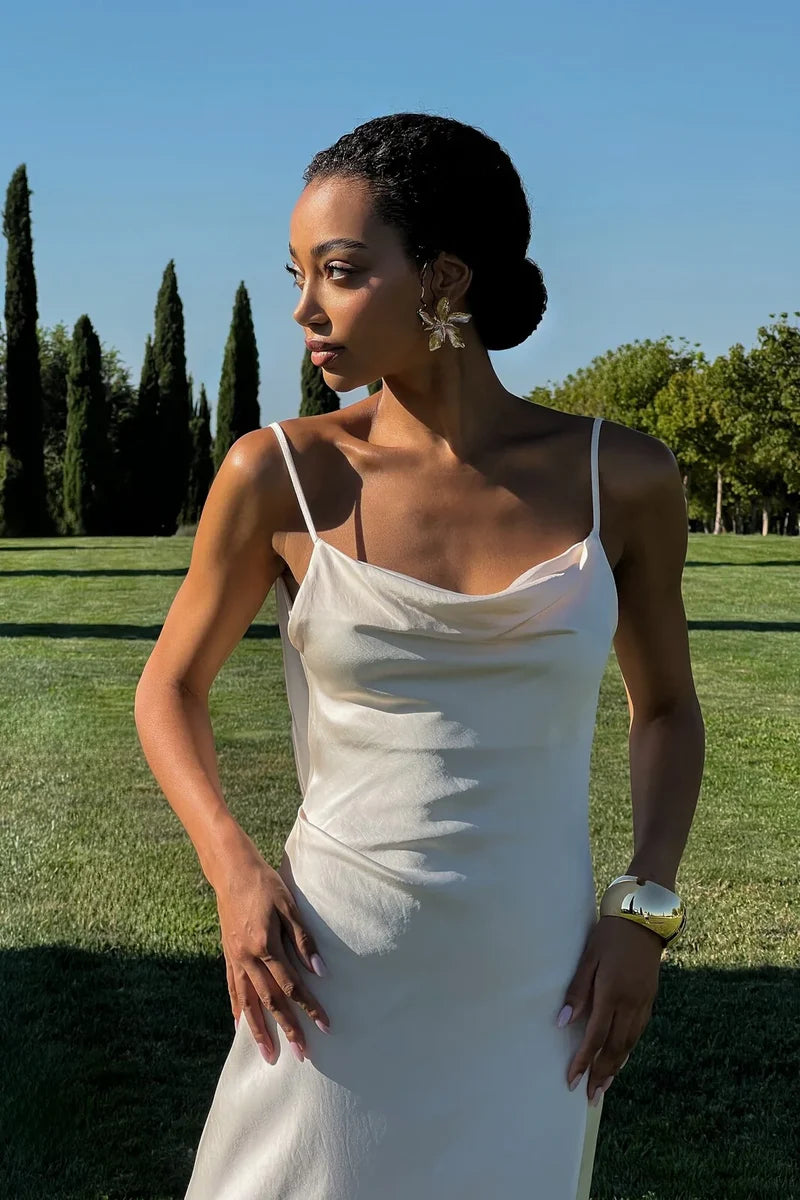 Cascade Open-Back Evening Gown